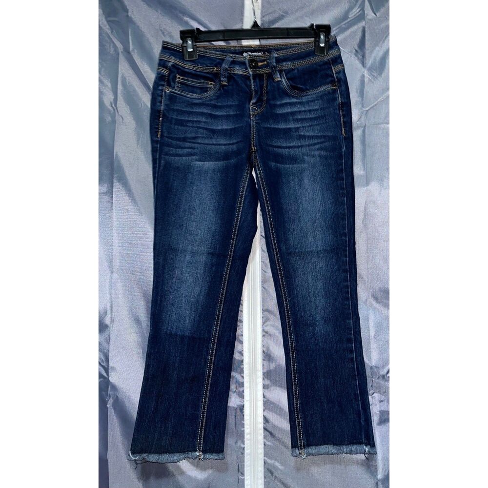 Dollhouse Charley Women Dark Wash Denim Jeans Size 3 Raw Hem Frayed Straight Leg
